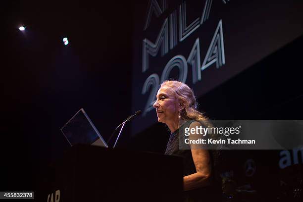Franca Sozzani appears on stage during the amfAR Milano 2014 - Gala Dinner and Auction as part of Milan Fashion Week Womenswear Spring/Summer 2015 on...