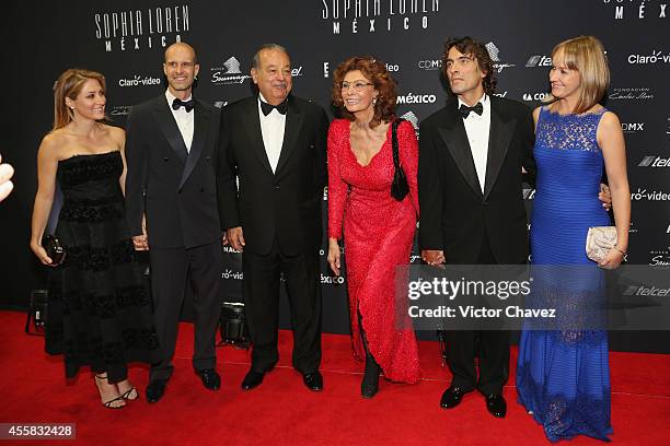 Sasha Alessandro, Eduardo Ponti, Carlos Slim Helú, Sophia Loren, Carlo Ponti and Andrea Ponti attend the Sophia Loren's 80th birthday dinner at Museo...