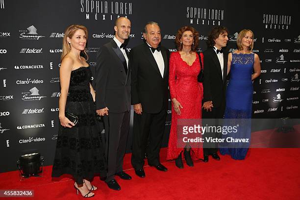 Sasha Alessandro, Eduardo Ponti, Carlos Slim Helú, Sophia Loren, Carlo Ponti and Andrea Ponti attend the Sophia Loren's 80th birthday dinner at Museo...