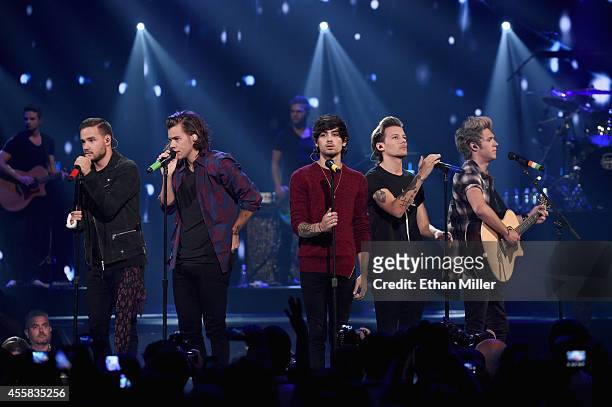 Musicians Liam Payne, Harry Styles, Zayn Malik, Louis Tomlinson and Niall Horan of One Direction perform onstage during the 2014 iHeartRadio Music...