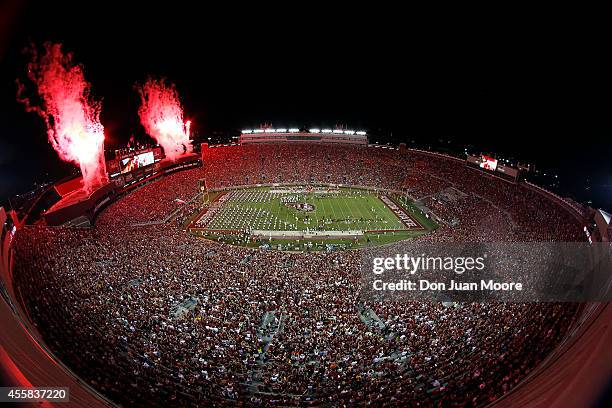 General view of Doak Campbell Stadium during a fireworks display in the pre-game with the Florida State Seminoles playing against the Clemson Tigers...