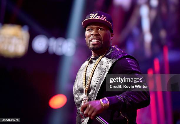 Recording artist Curtis '50 Cent' Jackson of the music group G-Unit performs onstage during the 2014 iHeartRadio Music Festival at the MGM Grand...