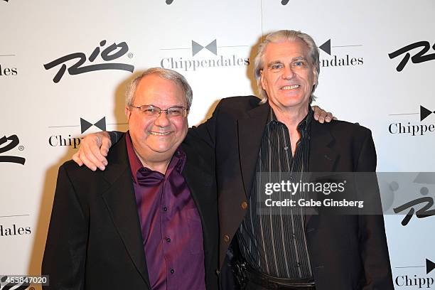 Former Chippendale performers Clark Wilson and Dustin Stevens arrive at the 35th anniversary celebration of Chippendales at the Rio Hotel & Casino on...