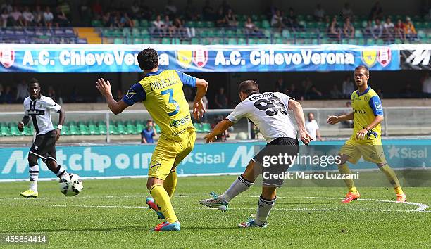 Antonio Cassano of Parma FC scores his goal during the Serie A match between AC Chievo Verona and Parma FC at Stadio Marc'Antonio Bentegodi on...