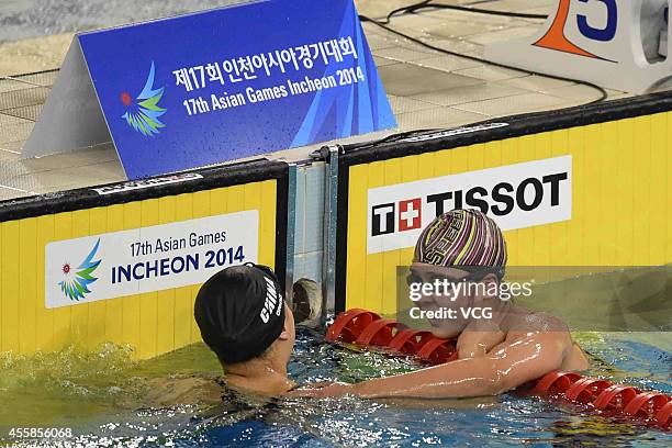 Zhang Yuhan of China competes in the final of women's freestyle 400m during day two of the 2014 Asian Games at Munhak Park Tae-hwan Aquatics Center...