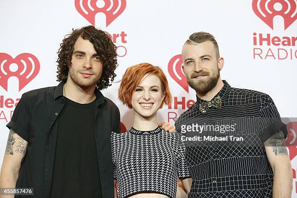 Musicians Taylor York, Hayley Williams and Jeremy Davis of Paramore attend the iHeart Radio Music Festival - night 2 - press room held at MGM Grand...