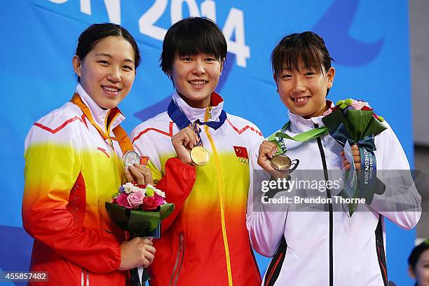 Gold medalist Zhang Yuhan of China, Silver medalist Bi Yirong of China and Bronze medalist Chihiro Igarashi of Japan pose atop the podium after the...