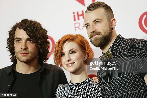 Musicians Taylor York, Hayley Williams and Jeremy Davis of Paramore attend the iHeart Radio Music Festival - night 2 - press room held at MGM Grand...