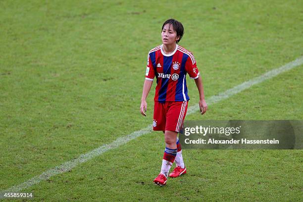 Mana Iwabuchi of Muenchen looks on during the Allianz Frauen-Bundesliga match between FC Bayern Muenchen and 1899 Hoffenheim at Stadion an der...