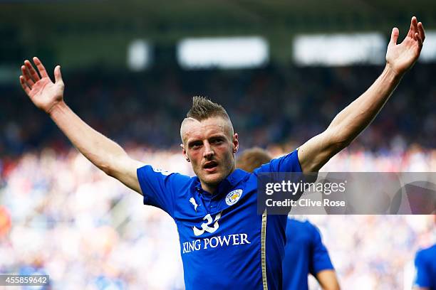 Jamie Vardy of Leicester City celebrates after scoring his team's fourth goal during the Barclays Premier League match between Leicester City and...