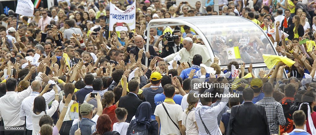 Pope Francis addresses the scores of people in Albania