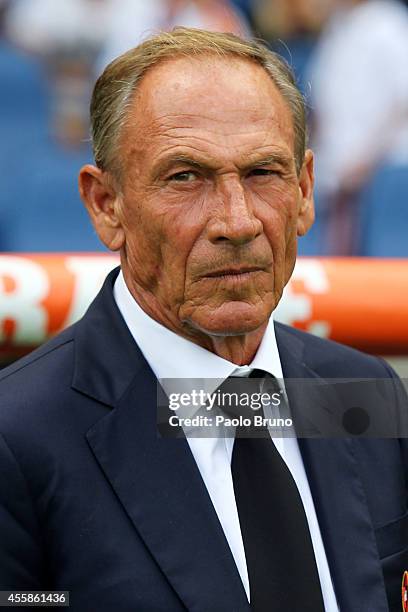 Cagliari Calcio head coach Zdenek Zeman looks on during the Serie A match between AS Roma and Cagliari Calcio at Stadio Olimpico on September 21,...