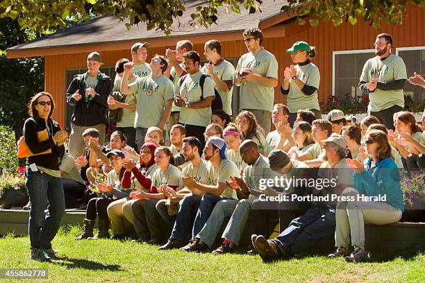 Environmental Science and Policy professor Karen Wilson addresses students at the end of their field emersion weekend at Camp Cedar in Casco, Me on...