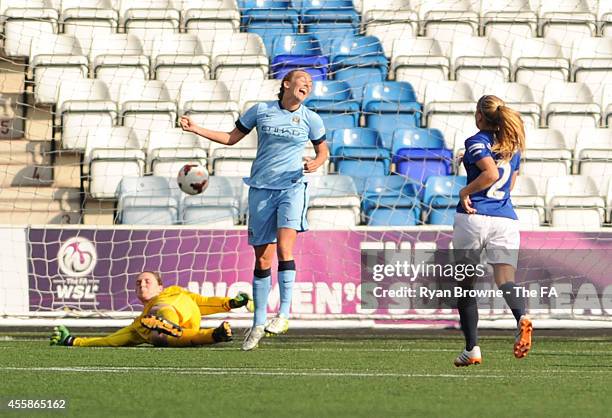 Toni Duggan of Manchester City Ladies celebrates the 3rd goal of the WSL match between Everton Ladies and Manchester City Ladies at Select Security...