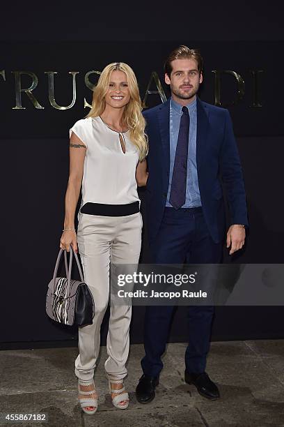 Michelle Hunziker and Tomaso Trussardi attend Trussardi Fashion Show during Milan Fashion Week Womenswear Spring/Summer 2015 on September 21, 2014 in...