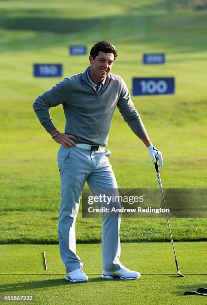 Rory McIlroy of Europe practices on the range ahead of the 2014 Ryder Cup at Gleneagles Hotel on September 21, 2014 in Auchterarder, Scotland.