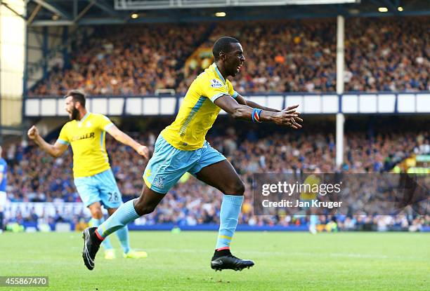 Yannick Bolasie of Crystal Palace celebrates after scoring his team's third goal during the Barclays Premier League match between Everton and Crystal...