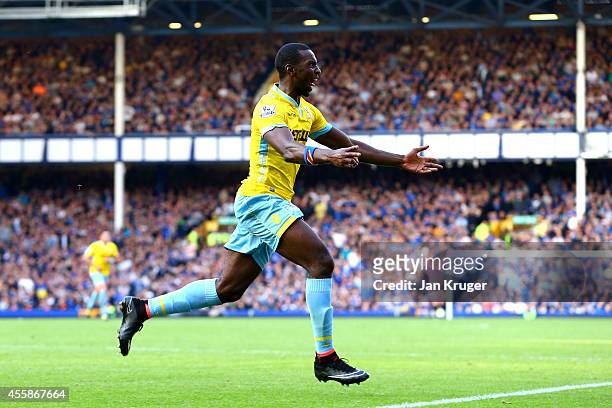 Yannick Bolasie of Crystal Palace celebrates after scoring his team's third goal during the Barclays Premier League match between Everton and Crystal...