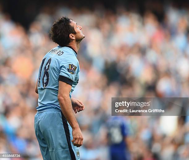 Frank Lampard of Manchester City refuses to celebrate his equalising goal during the Barclays Premier League match between Manchester City and...