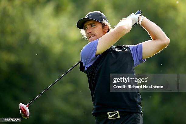 Tommy Fleetwood of England in action during the final round of the ISPS Handa Wales Open at the Celtic Manor Resort on September 21, 2014 in Newport,...