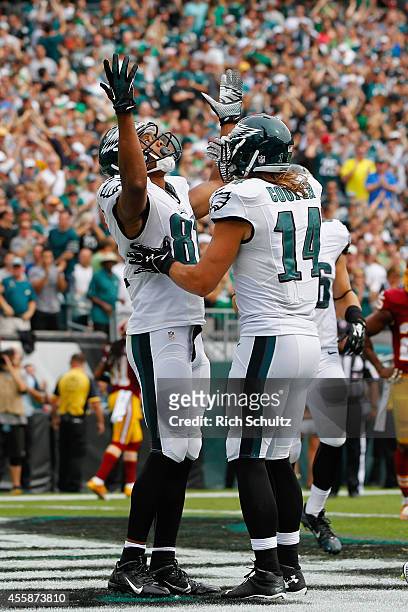 Jordan Matthews of the Philadelphia Eagles celebrates his 11-yard touchdown with teammate Riley Cooper in the second quarter against the Washington...