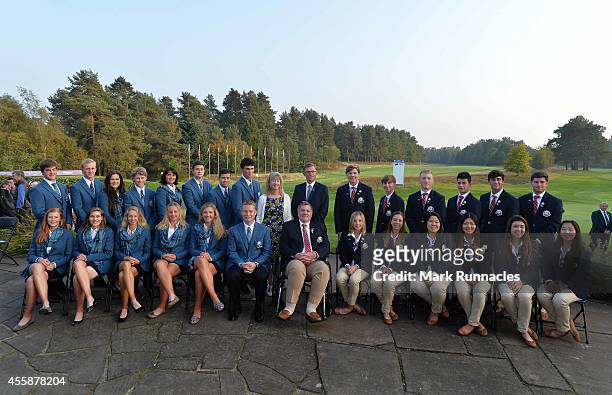 The European and USA teams pose for a photograph during the Opening Ceremony of the 2014 Junior Ryder Cup at Blairgowrie Golf Club on September 21,...