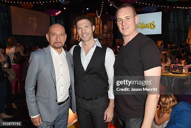 Actor Sir Ben Kingsley, producer Travis Knight, and Focus Features CEO Peter Schlessel attend the premiere of Focus Features' "The Boxtrolls" -...