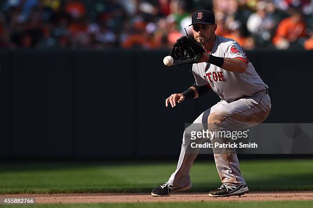 Third baseman Will Middlebrooks of the Boston Red Sox makes a play on Caleb Joseph of the Baltimore Orioles in the seventh inning at Oriole Park at...
