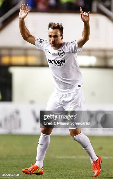 Thiago Ribeiro of Santos reacts during a match between Santos and Figueirense of Brasileirao Series A 2014 at Vila Belmiro Stadium on September 21,...