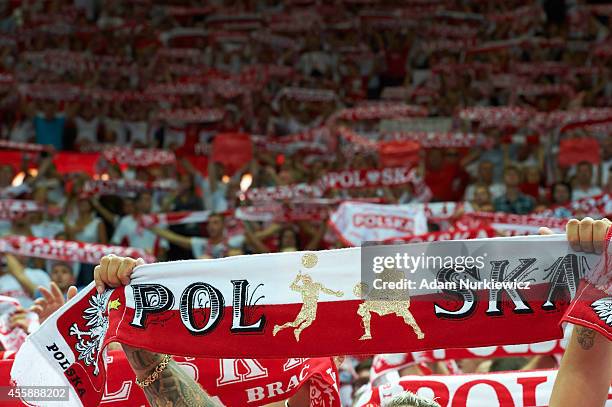 Poland's fans support their team during the FIVB World Championships Final match between Brazil and Poland at Spodek Hall on September 21, 2014 in...