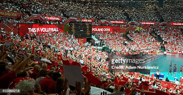 Poland's fans support their team during the FIVB World Championships Final match between Brazil and Poland at Spodek Hall on September 21, 2014 in...