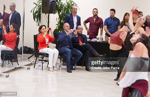 Gloria Estefan,Emilio Estefan and Bernie Yuman see all dancers as they audition for On Your Feet at Adrienne Arsht Center on September 21, 2014 in...