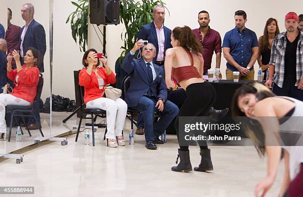 Gloria Estefan,Emilio Estefan and Bernie Yuman see all dancers as they audition for On Your Feet at Adrienne Arsht Center on September 21, 2014 in...