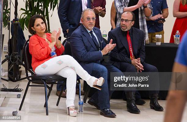 Gloria Estefan,Emilio Estefan and Bernie Yuman see all dancers as they audition for On Your Feet at Adrienne Arsht Center on September 21, 2014 in...