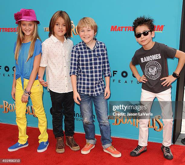 Actors Lizzy Greene, Mace Coronel, Casey Simpson and Aidan Gallagher attends the premiere of "The Boxtrolls" at Universal CityWalk on September 21,...