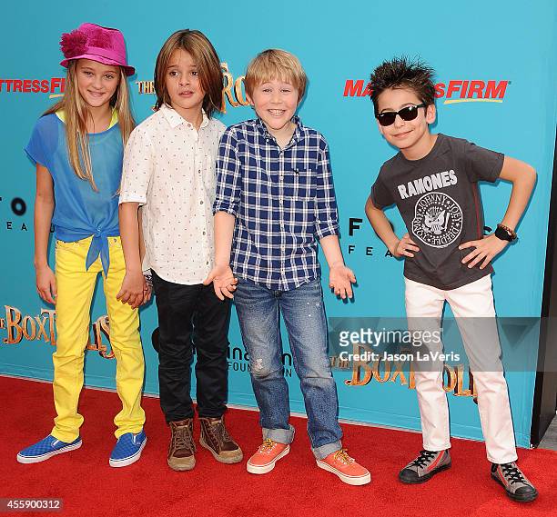 Actors Lizzy Greene, Mace Coronel, Casey Simpson and Aidan Gallagher attends the premiere of "The Boxtrolls" at Universal CityWalk on September 21,...