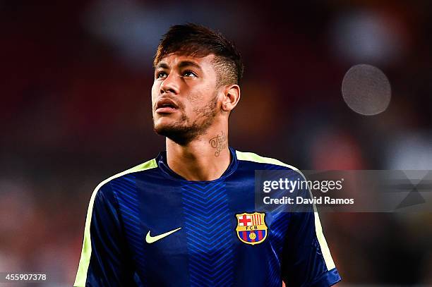 Neymar of FC Barcelona looks on during the warm up prior to the UEFA Champions League Group F match between FC Barcelona and APOEL FC at the Camp Nou...