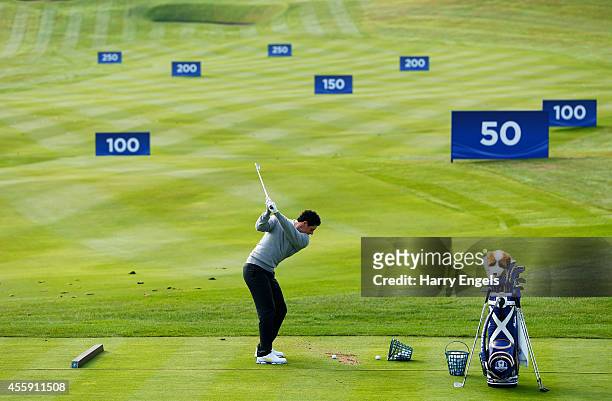 Rory McIlroy of Europe practices on the range ahead of the 2014 Ryder Cup on the PGA Centenary course at the Gleneagles Hotel on September 22, 2014...