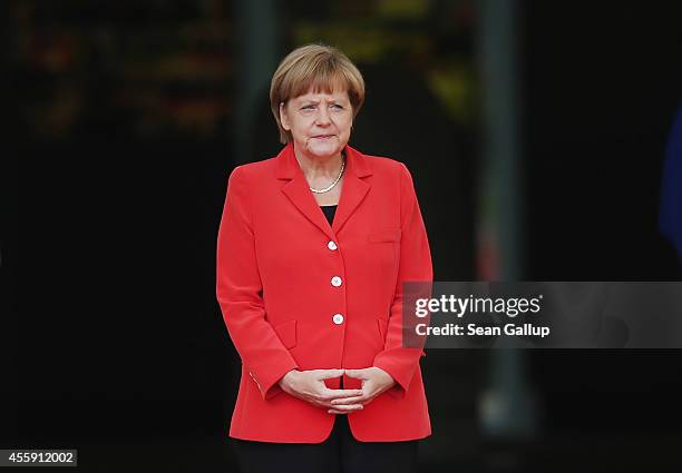 German Chancellor Angela Merkel prepares to welcome French Prime Minister Manuel Valls at the Chancellery on September 22, 2014 in Berlin, Germany....