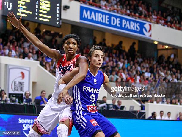 Angel McCoughtry of the USA Basketball Women's National Team is defending on Celine Dumerc of the French Basketball Women's National Team during the...