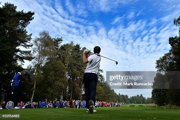 Bradley Neil of Team Europe plays his tee shot to the 18th during the first round of the 2014 Junior Ryder Cup at Blairgowrie Golf Club on September...