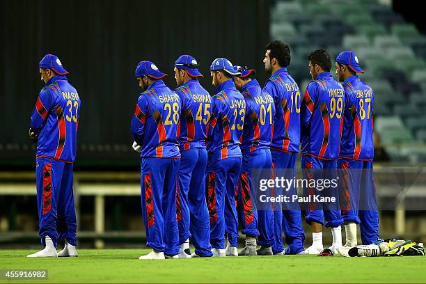 Players from Afghanistan pray during the One Day tour match between the Western Australia XI and Afghanistan at the WACA on September 22, 2014 in...