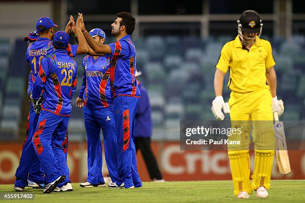 Dawlat Khan of Afghanistan celebrates after dismissing Luke Towers of the WA XI during the One Day tour match between the Western Australia XI and...