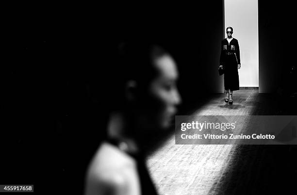 Model walks the runway during the Ferragamo Show as part of Milan Fashion Week Womenswear Spring/Summer 2015 on September 21, 2014 in Milan, Italy.