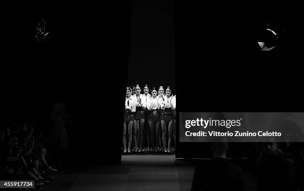 Models during the Dolce & Gabbana Show as part of Milan Fashion Week Womenswear Spring/Summer 2015 on September 21, 2014 in Milan, Italy.