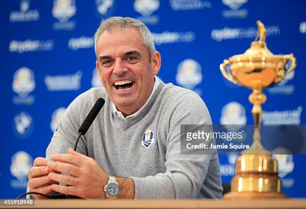 Paul McGinley, Captain of the Europe team laughs during a press conference ahead of the 2014 Ryder Cup on the PGA Centenary course at the Gleneagles...