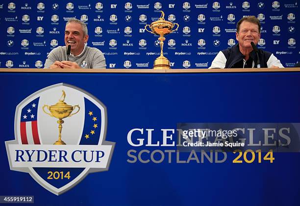 Paul McGinley , Captain of the Europe team laughs with Tom Watson, Captain of the United States team during a press conference ahead of the 2014...