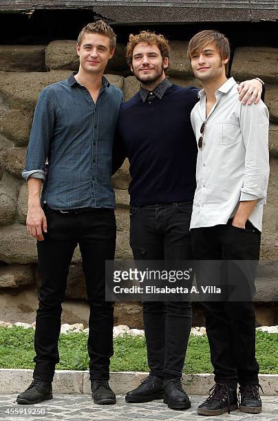 Actors Max Irons, Sam Claflin and Douglas Booth attend 'Posh' photocall at Hotel Palazzo Montemartini on September 22, 2014 in Rome, Italy.