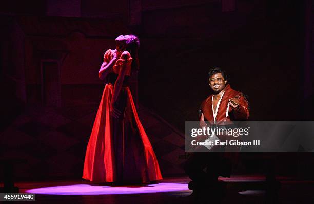 Actor/Comedian Wayne Brady performs on opening night for the musical 'Kiss Me, Kate' at Pasadena Playhouse on September 21, 2014 in Pasadena,...