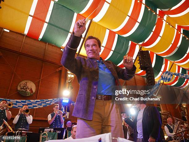 Arnold Schwarzenegger conducts the Orchestra in the Schuetzen-Festzelt during Oktoberfest at Theresienwiese on September 22, 2014 in Munich, Germany.